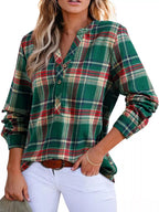 Classic Plaid Half Button Long Sleeve Blouse