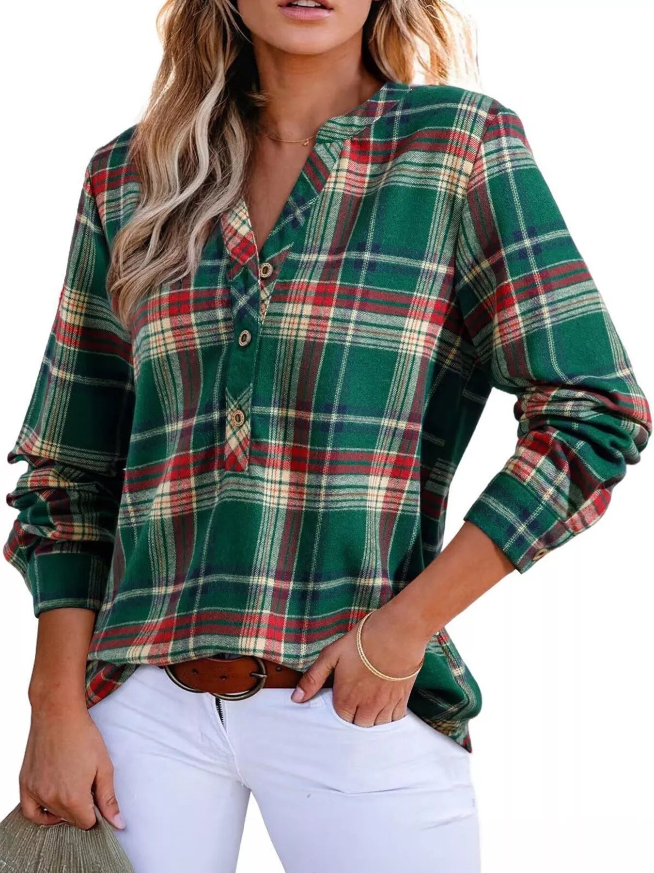 Classic Plaid Half Button Long Sleeve Blouse