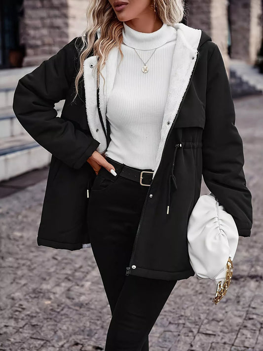 Cozy Drawstring Long Sleeve Hooded Jacket with Zipper & Pockets