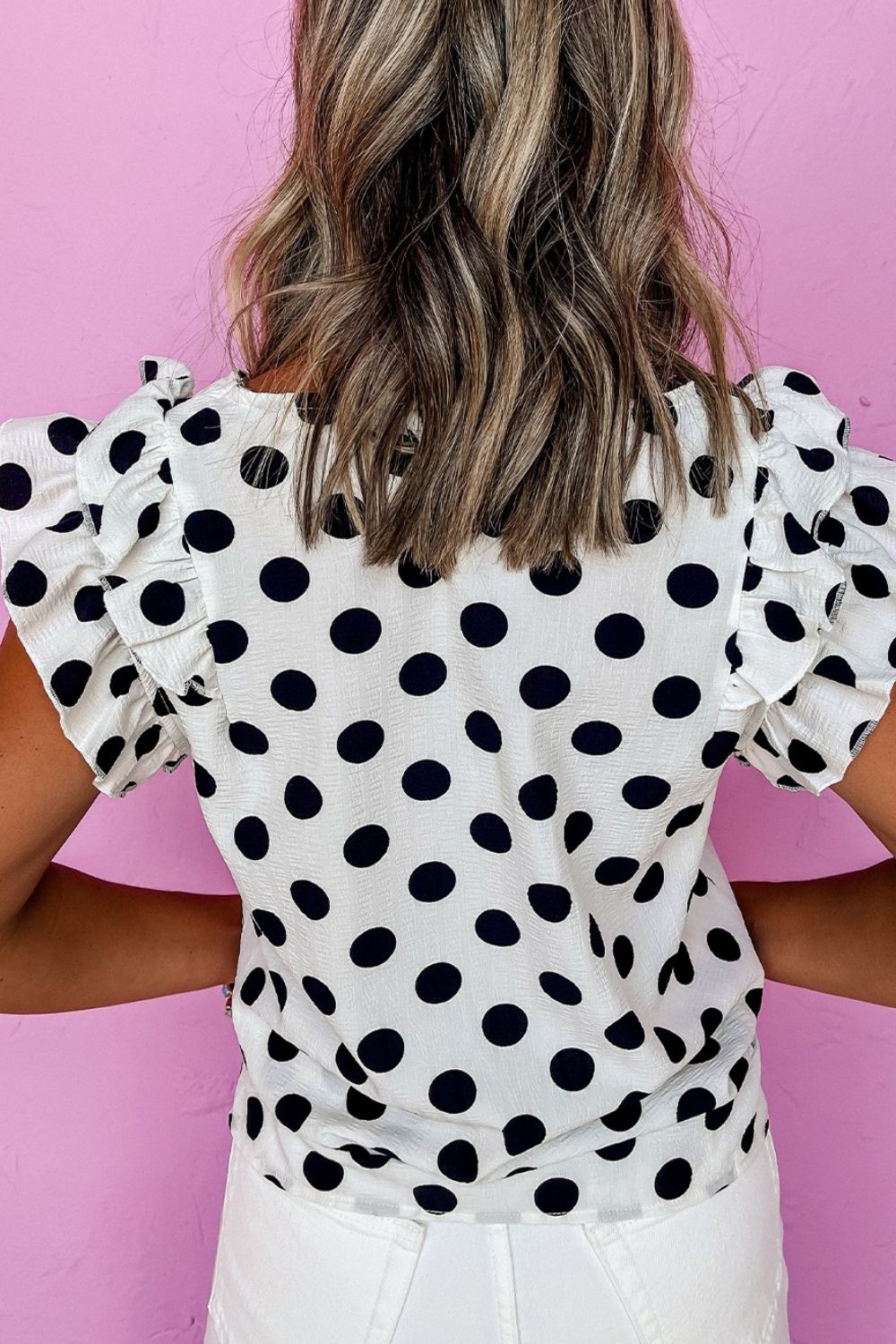 Polka Dot Ruffled Cap Sleeve V-Neck Blouse - Chic & Playful
