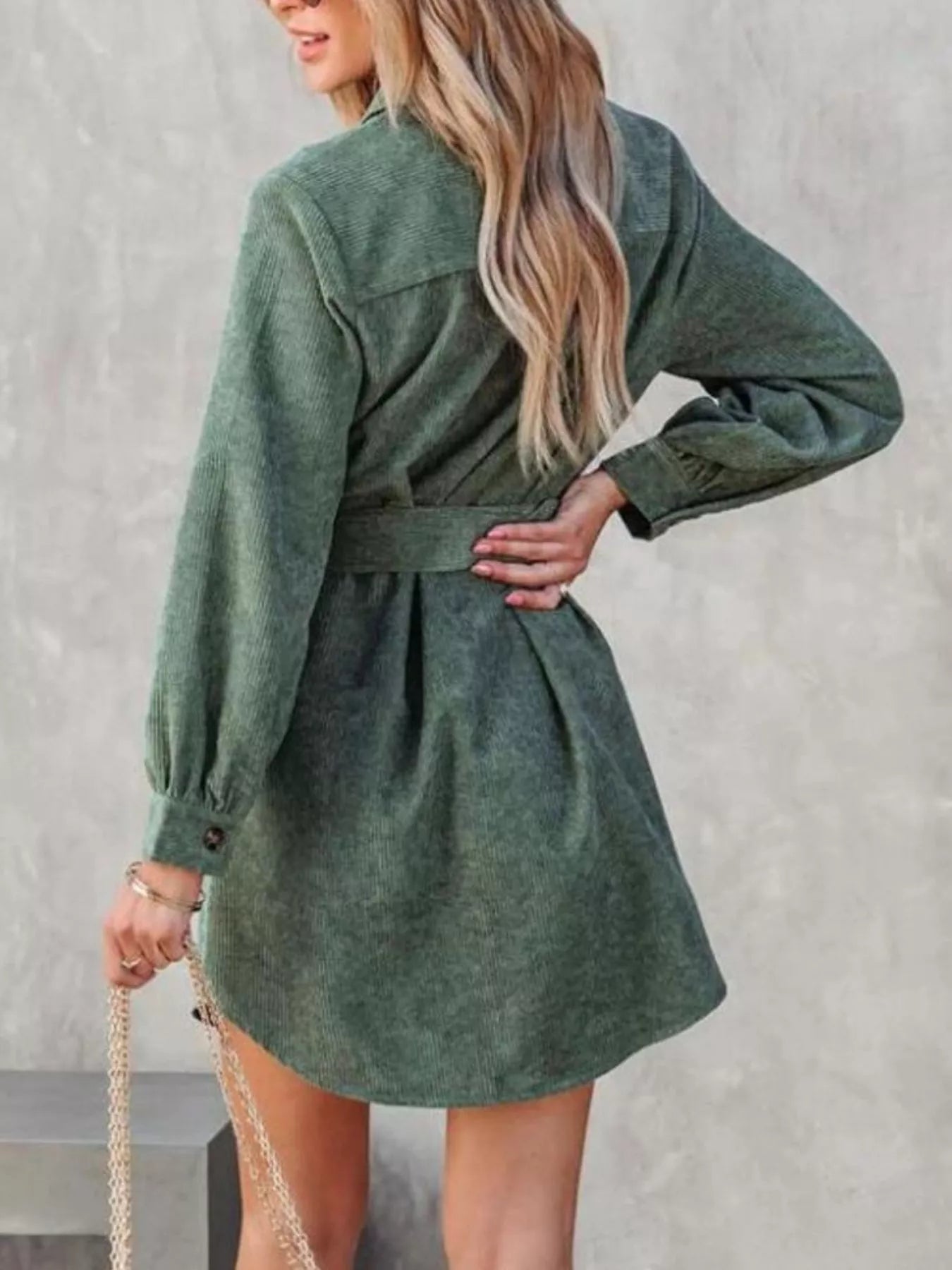 Button Front Belted Corduroy Dress with Pockets