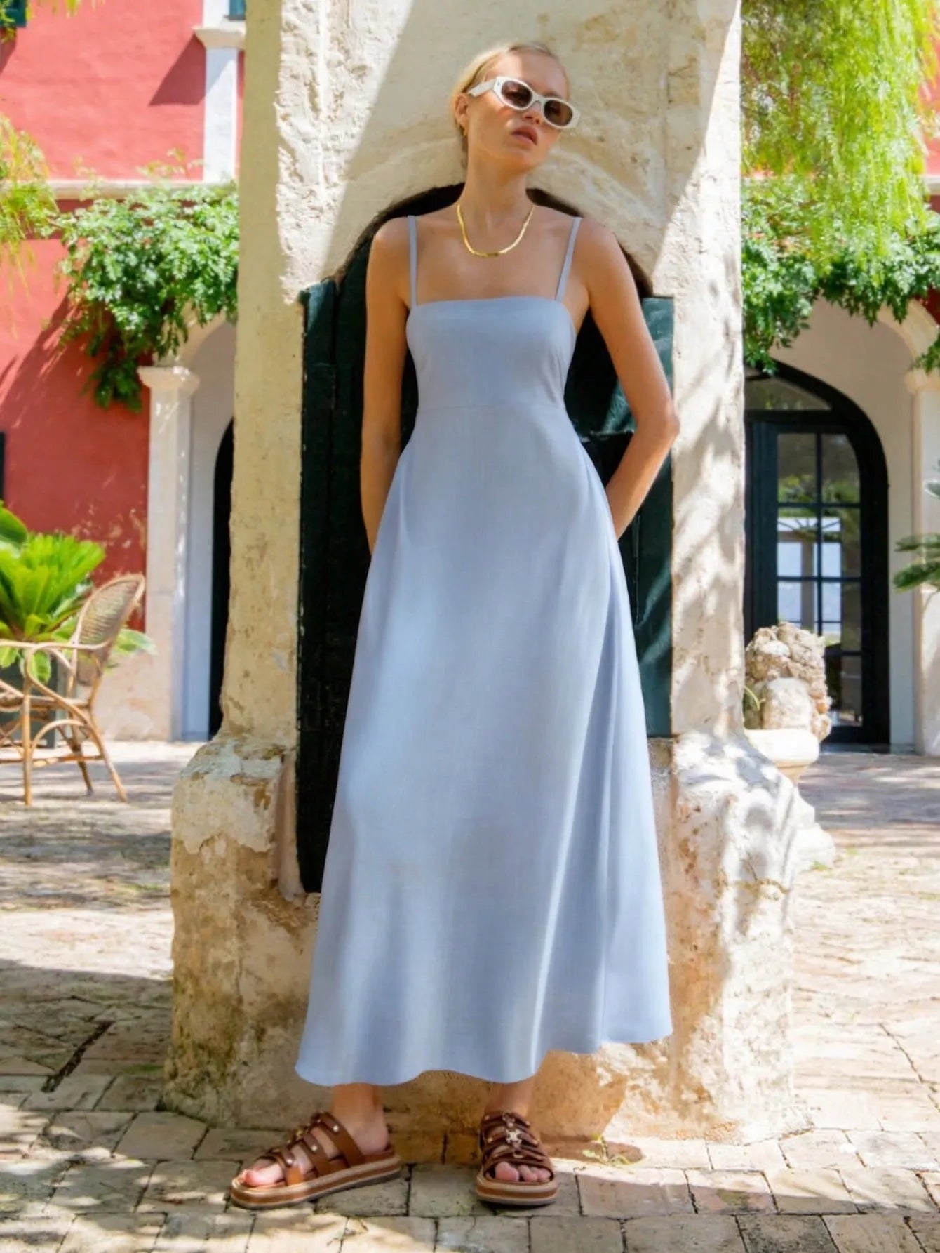 Smocked Square Neck Cami Dress Light Blue