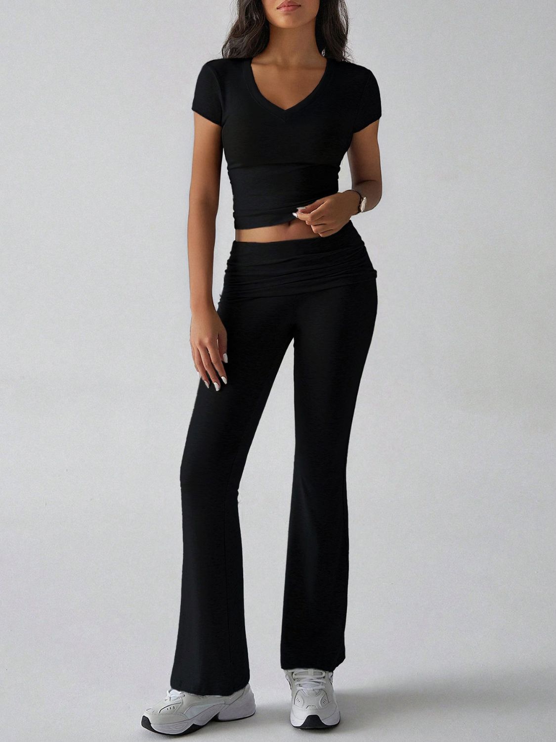 Devine V-Neck Top & Bootcut Leggings Set - Chic & Comfy Black