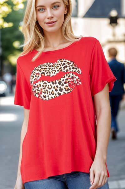 Heimish Full Size Leopard Lip Graphic Round Neck T-Shirt