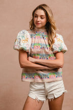 BiBi Ruffle Neckline Blouse With Embroidery Bubble Sleeve