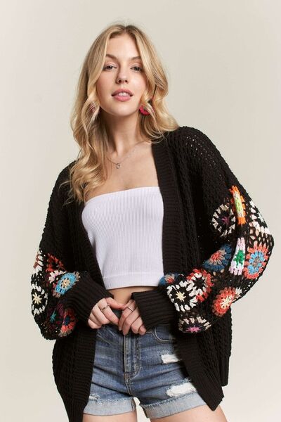 ADORA Full Size Contrast Crochet Open Front Long Sleeve Cardigan