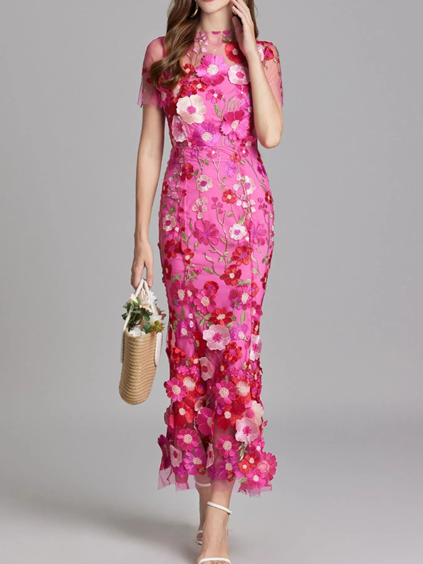 Embroidered Mesh Overlay Maxi Dress – Lined Evening Wear with Zipper Closure Deep Rose