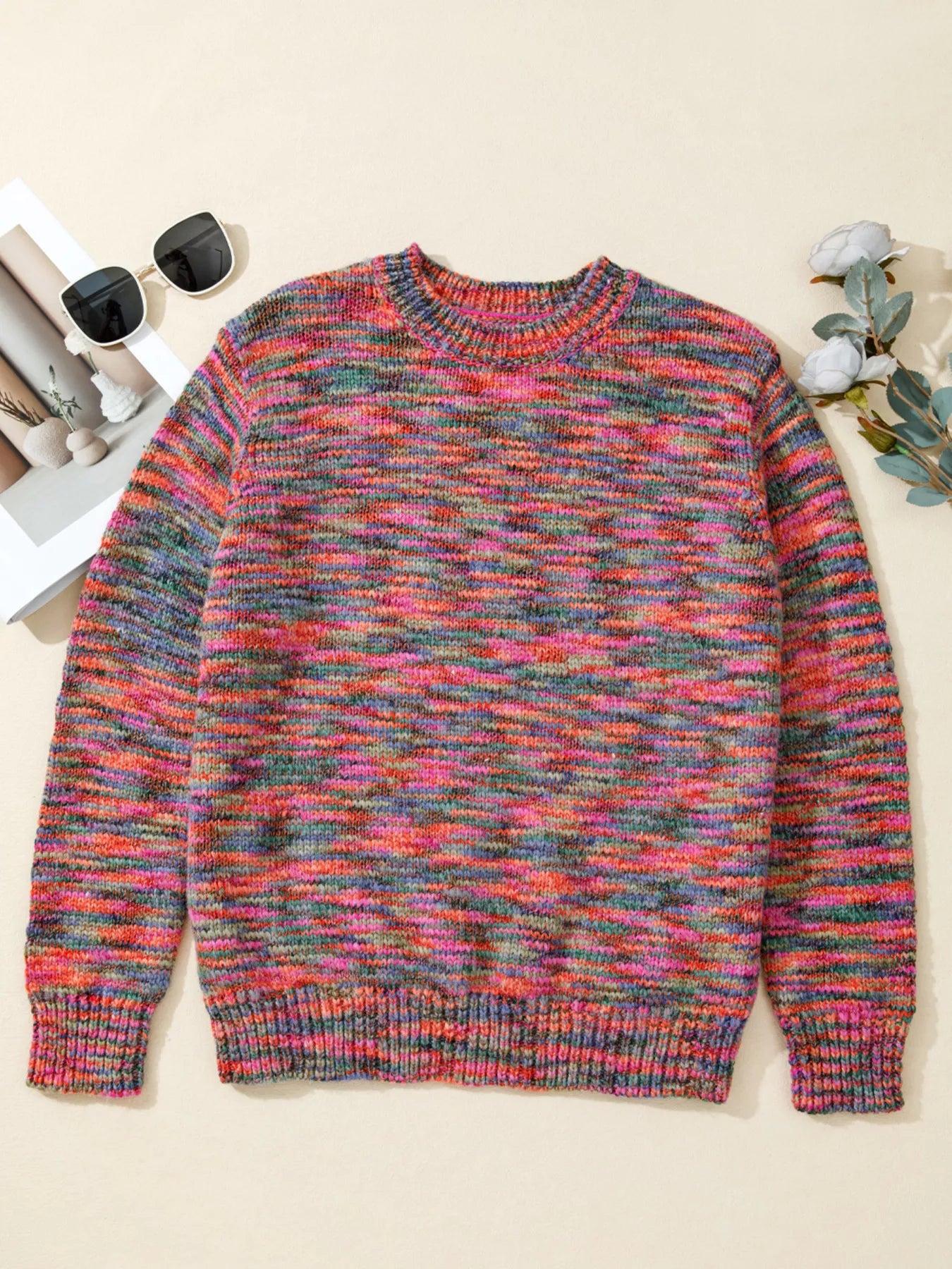 Space Dye Yarn Knit Crew Neck Sweater
