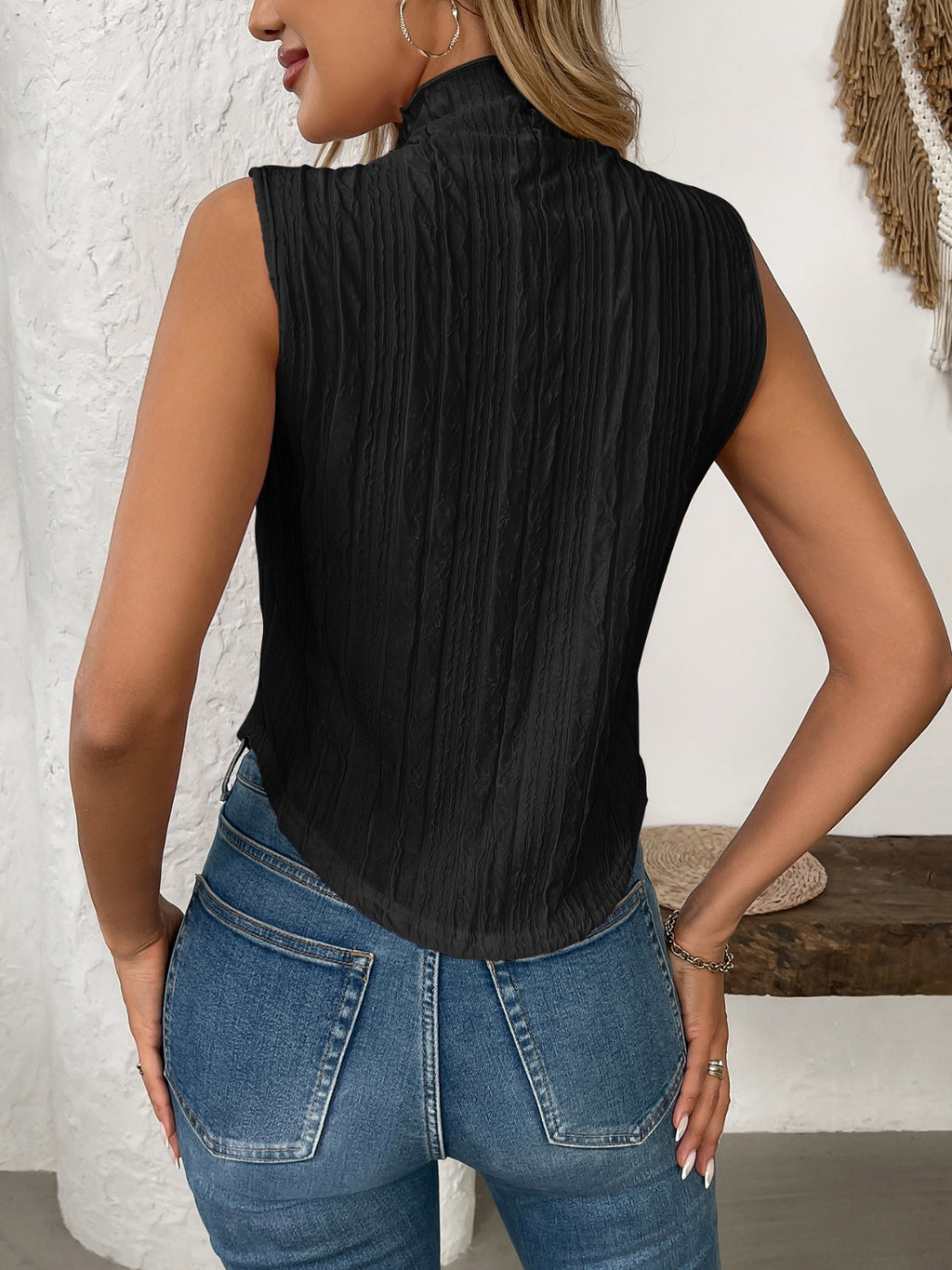 Texture Turtleneck Sleeveless Top - Chic & Versatile