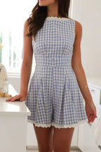 Lace Detail Plaid Sleeveless Romper Ã¢â‚¬â€œ Cotton One-Piece