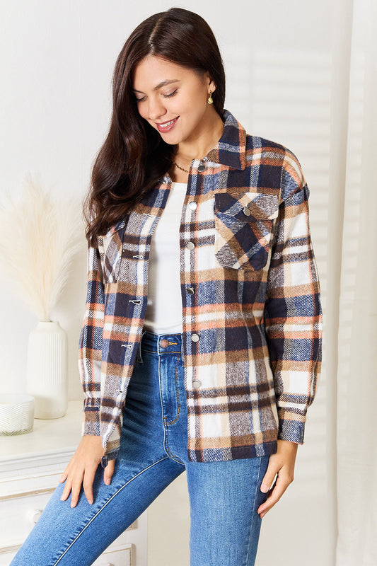 Double Take Plaid Button Front Shirt Jacket with Breast Pockets Dark Blue