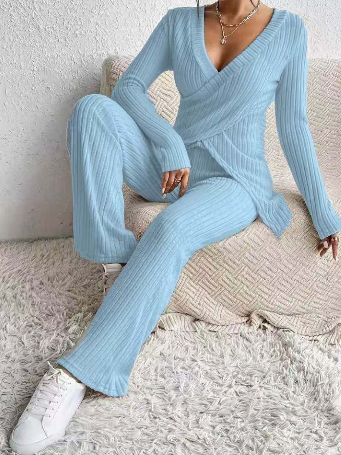 Surplice Long Sleeve Top & Pants Set - Chic Two-Piece Outfit