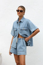 Collared Button-Up Denim Top and Shorts Set – Two-Piece Casual Outfit