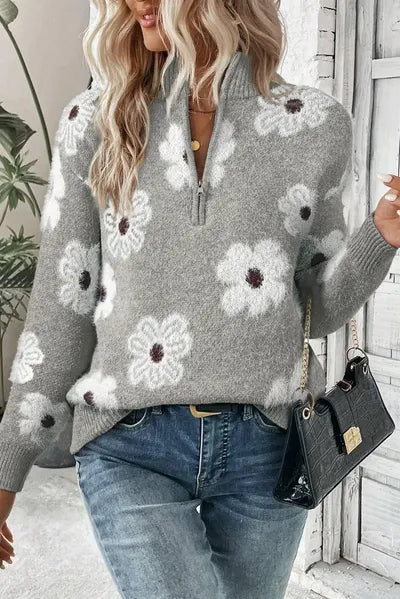 Floral Half-Zip Long Sleeve Knit Sweater Gray