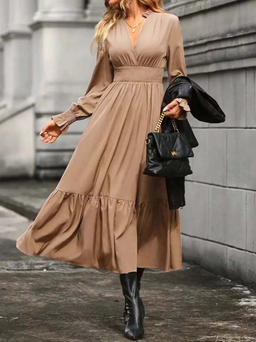 Elegant Ruched Surplice Long Sleeve Tiered Midi Dress