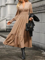 Elegant Ruched Surplice Long Sleeve Tiered Midi Dress