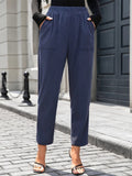 Elastic Waist Pocketed Pants - Comfortable & Stylish Navy