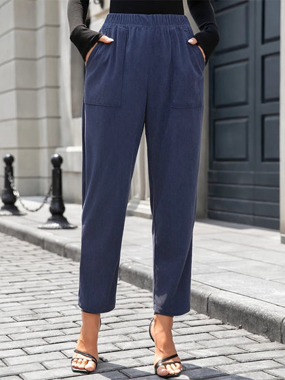 Elastic Waist Pocketed Pants – Comfortable & Stylish Navy