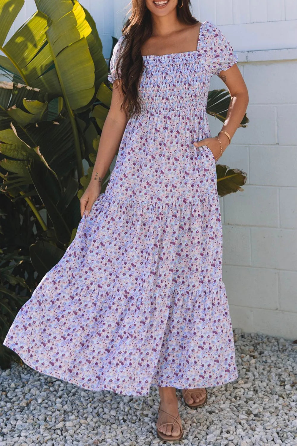 Floral Tiered Maxi Dress - Shirred Waist Elegance