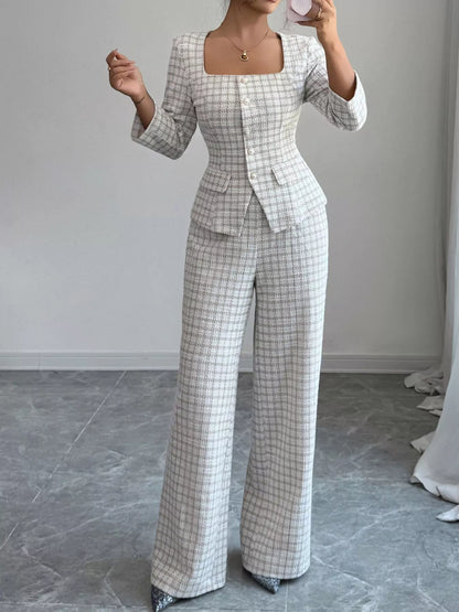 Plaid Square Neck Button-Up Top with Matching Pants Set