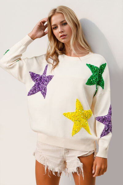 Double Take Sequin Star Round Neck Dropped Shoulder Sweater White