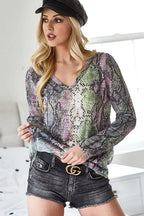 BiBi Snakeskin Print V-Neck Hacci Top