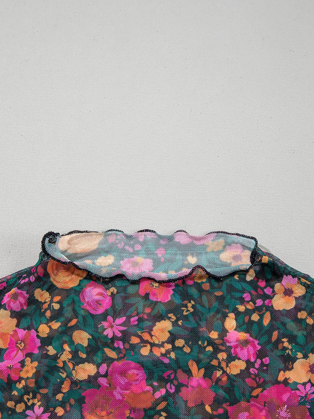 BloomMist Floral Mesh Mock Neck Short Sleeve Top