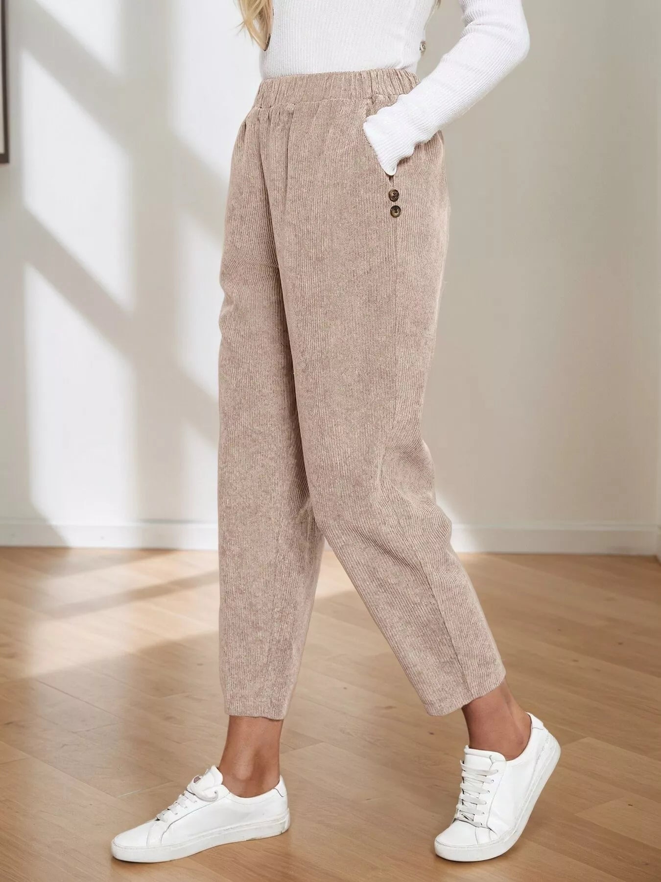 Comfort Fit Corduroy Elastic Waist Cropped Pants