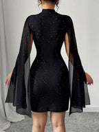 Glitter Cutout Bodycon Mini Dress with Cape Sleeves