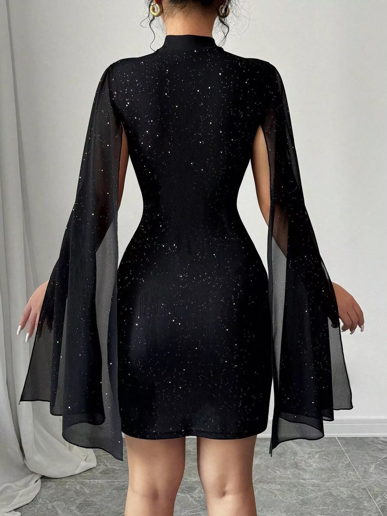 Glitter Cutout Bodycon Mini Dress with Cape Sleeves
