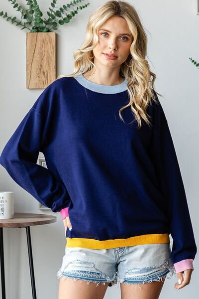 First Love Contrast Ribbed Round Neck Long Sleeve Sweater Navy