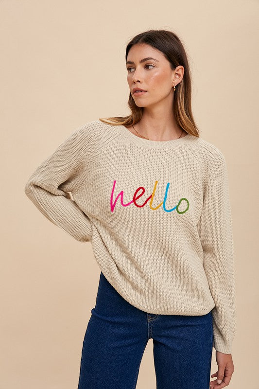 Annie Wear "HELLO" Embroidered Raglan Sleeve Pullover