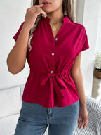 Notched Short Sleeve Blouse - Chic & Versatile