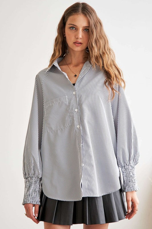 Adora Striped High-Low Smocked Lantern Sleeve Shirt