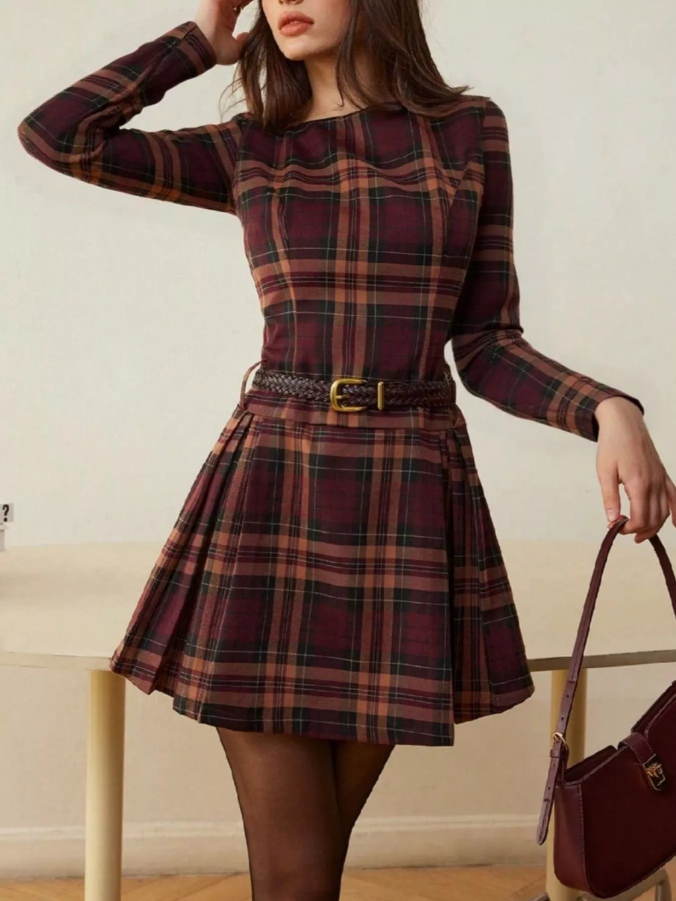 Classic Plaid Long Sleeve Zip-Back Mini Dress Wine Red