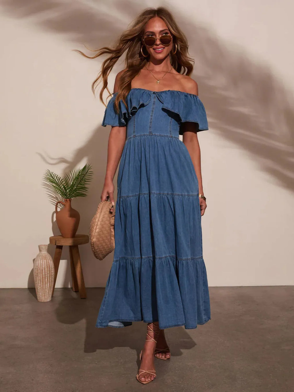 Off Shoulder Ruffle Tiered Denim Dress
