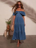 Off Shoulder Ruffle Tiered Denim Dress