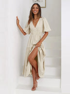Tiered Surplice Midi Dress with Half Sleeves