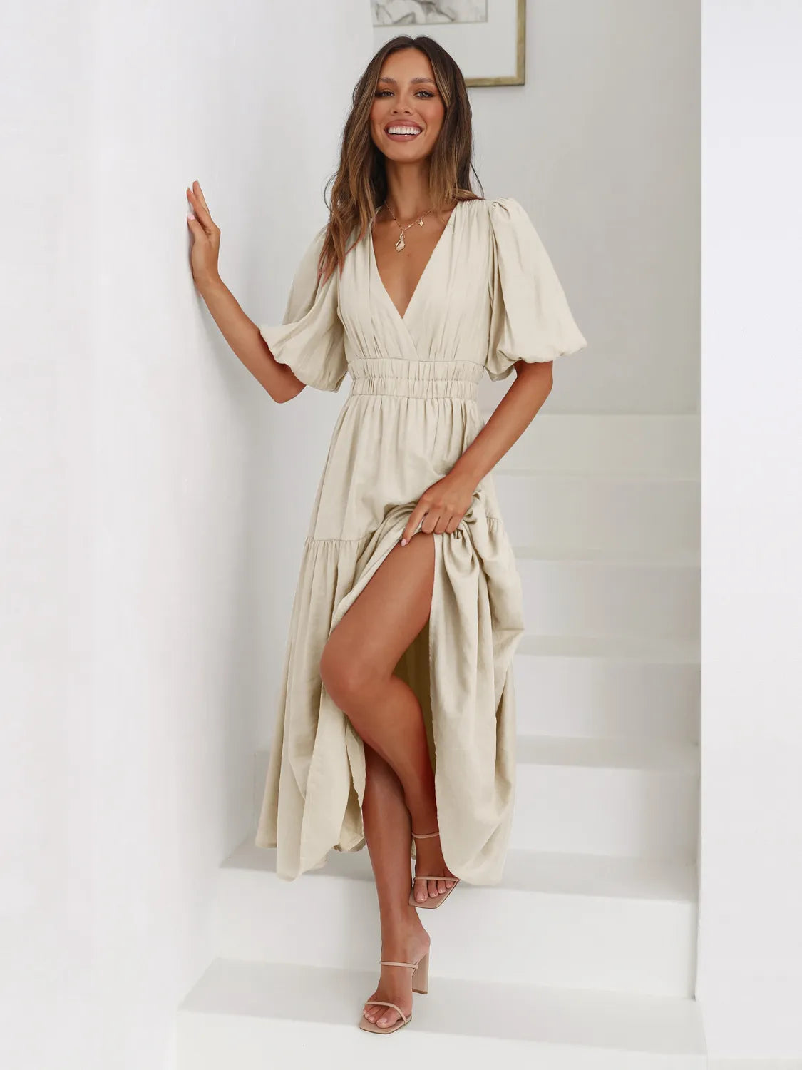 Tiered Surplice Midi Dress with Half Sleeves