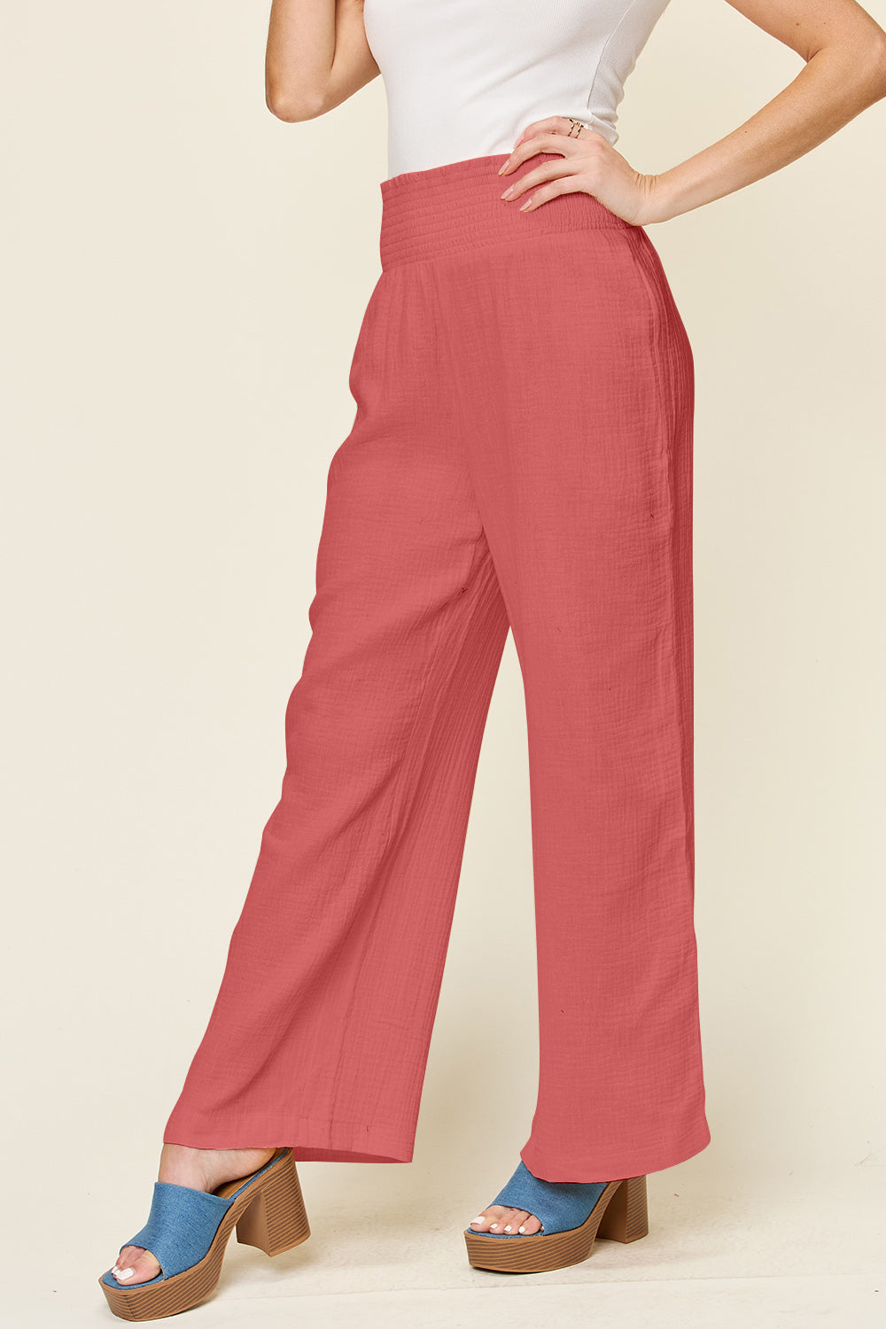 Double Take Full Size Textured Smocked Waist Wide Leg Pants