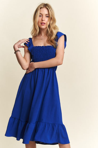 ADORA Smocked Square Neck Ruffle Sleeve Dress Royal Blue