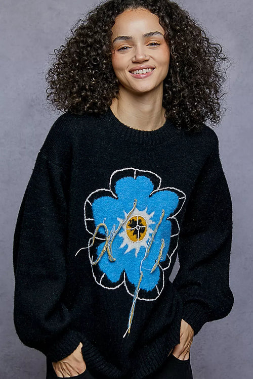 POL BloomCraze Floral Fringe Knit Sweater Black