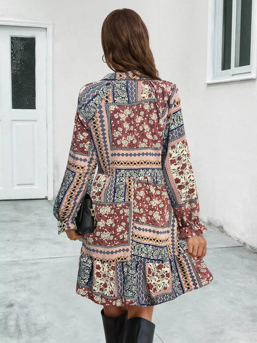 Boho Floral Ruffled Long Sleeve Mini Dress