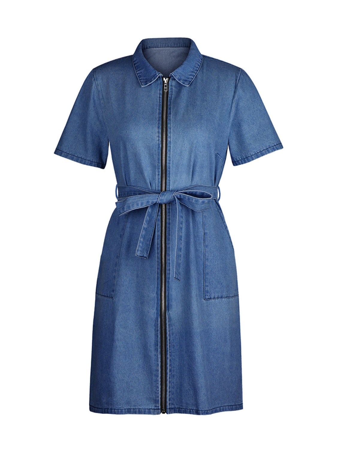 Zip Front Short Sleeve Denim Dress - Stylish & Functional