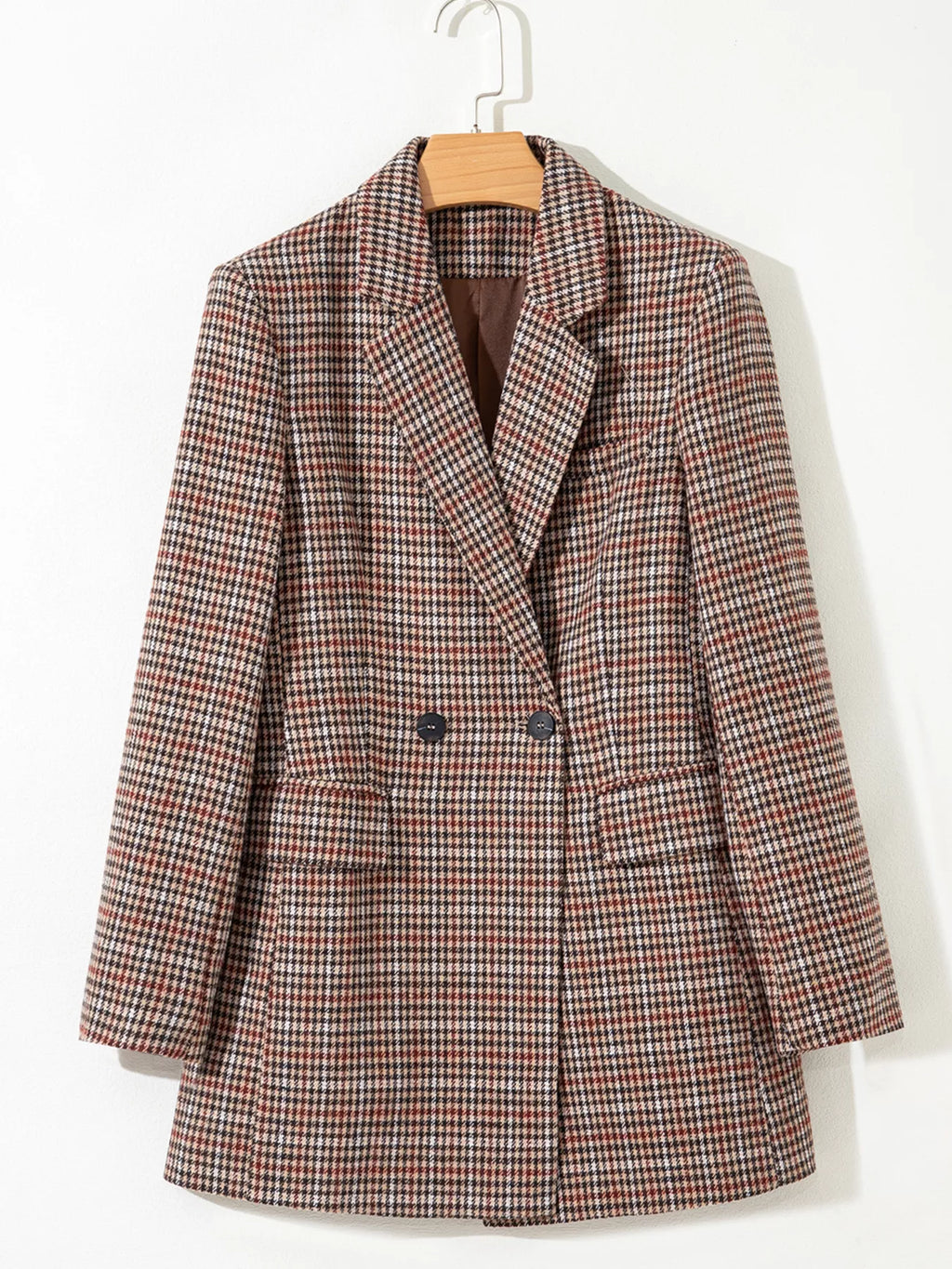 Chic Houndstooth Lapel Collar Blazer – Stylish Buttoned Women’s Outerwear