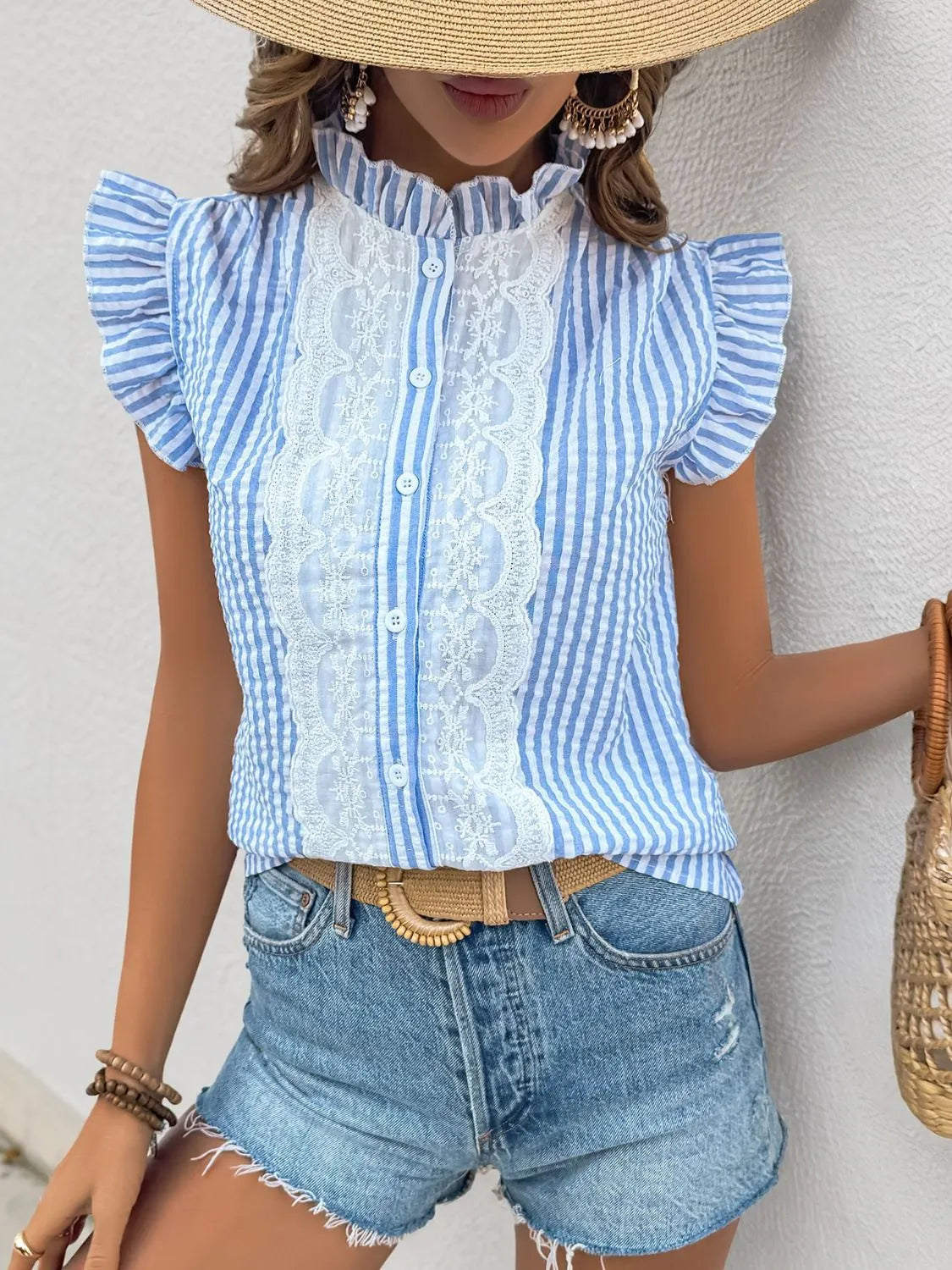 Lace Detail Button Down Cap Sleeve Shirt