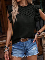 Frill Mock Neck Ruffled Cap Sleeve Blouse - Chic & Feminine