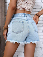 Raw Hem Buttoned Denim Shorts - No Stretch