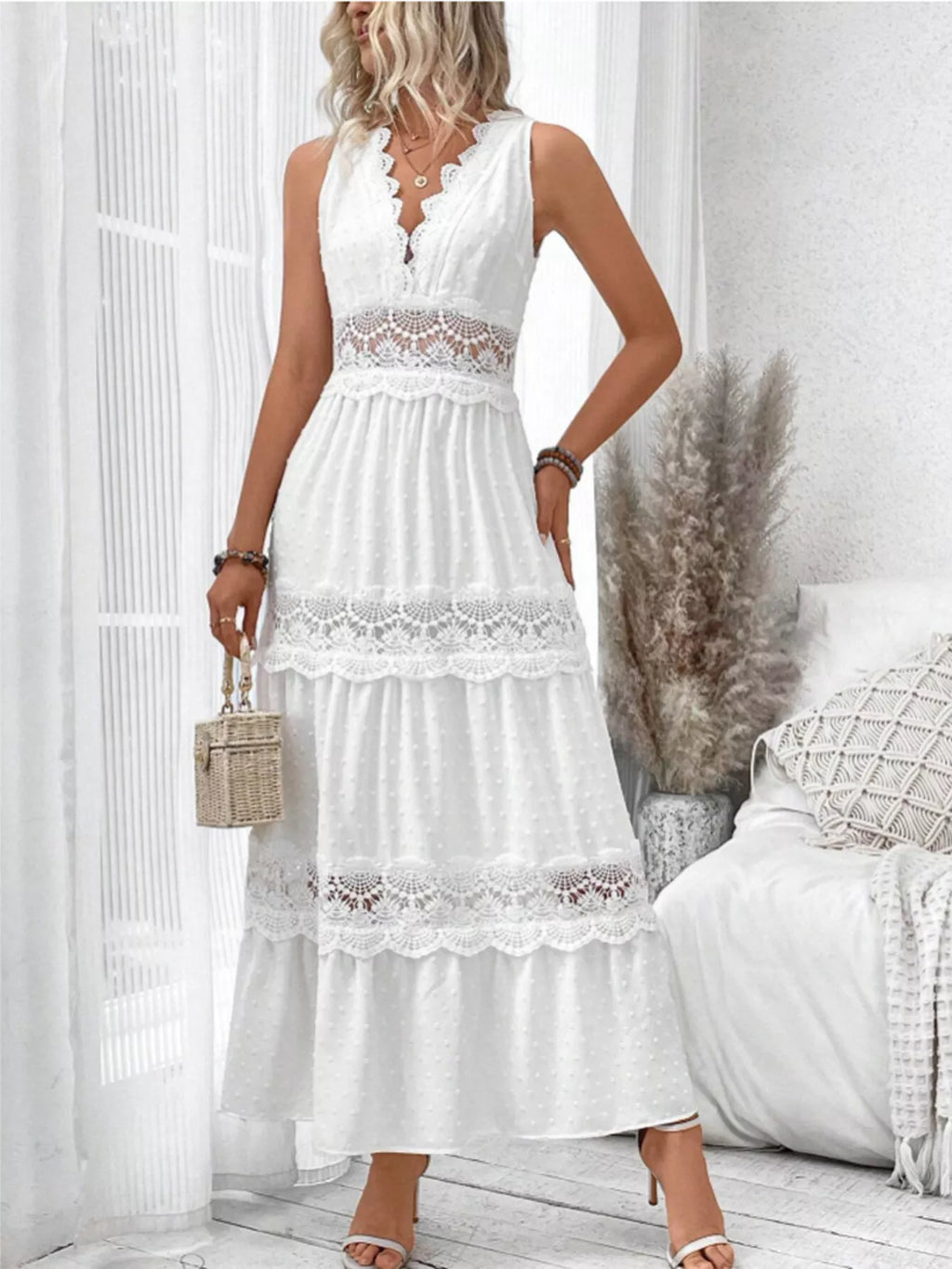 Plus Size Lace Detail Tie Back Sleeveless Tiered Maxi Dress White