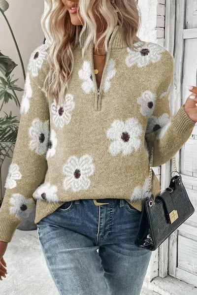 Floral Half-Zip Long Sleeve Knit Sweater Tan